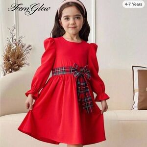 Girls 5T Red Dress with Plaid Bow